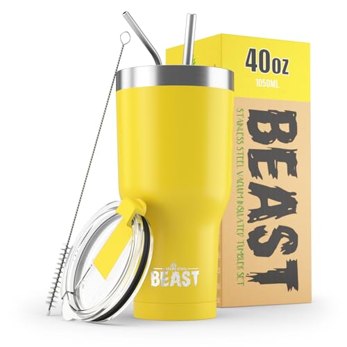 Beast Thermobecher 1100 ml - Zitrone I Mehrweg Thermo Kaffeebecher To Go mit 2 Strohhalmen & Reinigungsbürste I Doppelwandiger Trinkbecher aus Edelstahl I Perfekt für Kaffee oder Eiskaffee von Greens Steel