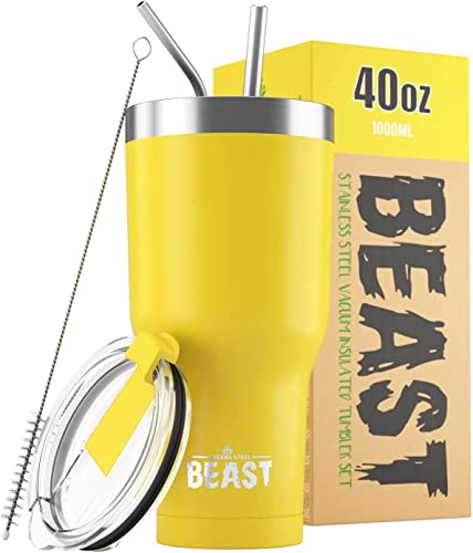 Beast Thermobecher 1050 ml - Zitrone I Mehrweg Thermo Kaffeebecher To Go mit 2 Strohhalmen & Reinigungsbürste I Doppelwandiger Trinkbecher aus Edelstahl I Perfekt für Kaffee oder Eiskaffee I BPA-frei von Greens Steel