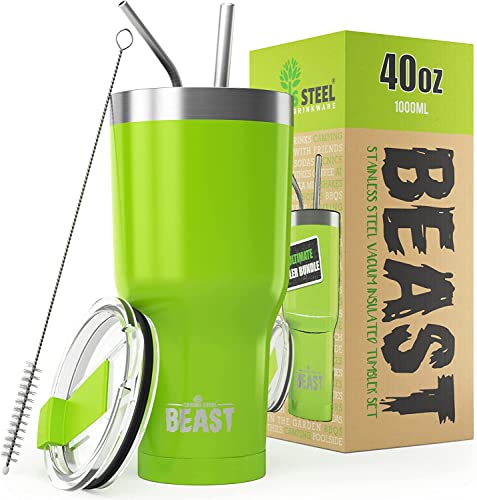 Beast Thermobecher 1100 ml - Zitronengrasgrün I Mehrweg Thermo Kaffeebecher To Go mit 2 Strohhalmen & Reinigungsbürste I Doppelwandiger Trinkbecher aus Edelstahl I Perfekt für Kaffee oder Eiskaffee von Greens Steel