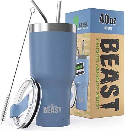 Beast Thermobecher 1100ml 40 oz Stürmischer Himmel I Mehrweg Thermo Kaffeebecher To Go mit 2 Strohhalmen & Reinigungsbürste I Doppelwandiger Trinkbecher aus Edelstahl Perfekt für Kaffee oder Eiskaffee von Greens Steel