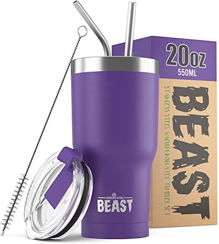 Beast Thermobecher 550 ml (20 oz) - Dunkellila I Mehrweg Thermo Kaffeebecher To Go mit 2 Strohhalmen & Reinigungsbürste I Doppelwandiger Trinkbecher aus Edelstahl I Perfekt für Kaffee oder Eiskaffee von Greens Steel