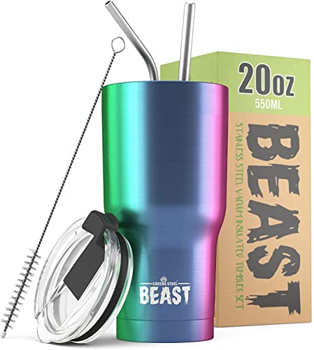 Beast Thermobecher 550 ml (20 oz) - Regenbogen I Mehrweg Thermo Kaffeebecher To Go mit 2 Strohhalmen & Reinigungsbürste I Doppelwandiger Trinkbecher aus Edelstahl I Perfekt für Kaffee oder Eiskaffee von Greens Steel