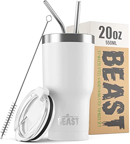 Beast Thermobecher 550 ml - Arktisches Weiß I Mehrweg Thermo Kaffeebecher To Go mit 2 Strohhalmen & Reinigungsbürste I Doppelwandiger Trinkbecher aus Edelstahl I Perfekt für Kaffee oder Eiskaffee von Greens Steel