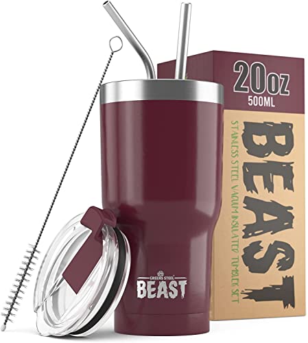 Beast Thermobecher 550 ml - Cranberry I Mehrweg Thermo Kaffeebecher To Go mit 2 Strohhalmen & Reinigungsbürste I Doppelwandiger Trinkbecher aus Edelstahl I Perfekt für Kaffee oder Eiskaffee von Greens Steel