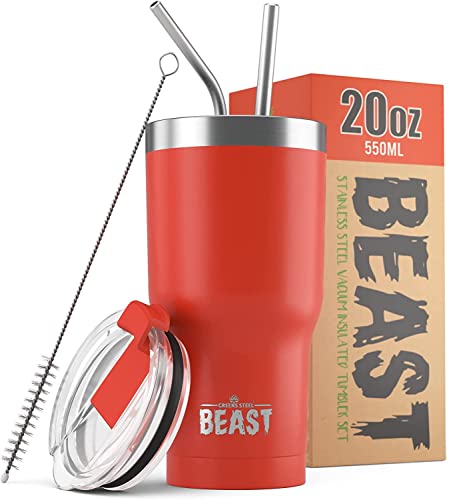 Beast Thermobecher 550 ml - Marienkäferrot I Mehrweg Thermo Kaffeebecher To Go mit 2 Strohhalmen & Reinigungsbürste I Doppelwandiger Trinkbecher aus Edelstahl I Perfekt für Kaffee oder Eiskaffee von Greens Steel