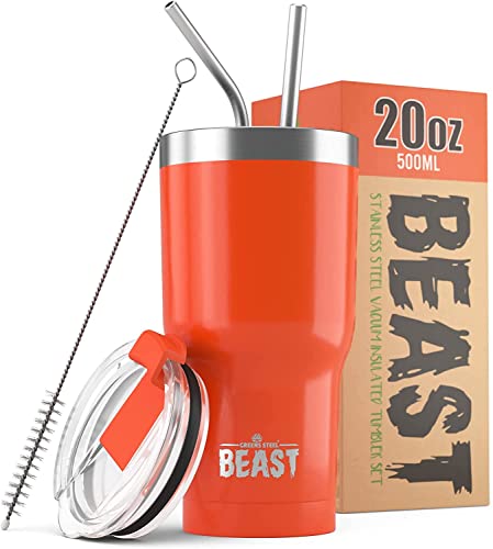 Beast Thermobecher 550 ml - Orange I Mehrweg Thermo Kaffeebecher To Go mit 2 Strohhalmen & Reinigungsbürste I Doppelwandiger Trinkbecher aus Edelstahl I Perfekt für Kaffee oder Eiskaffee von Greens Steel