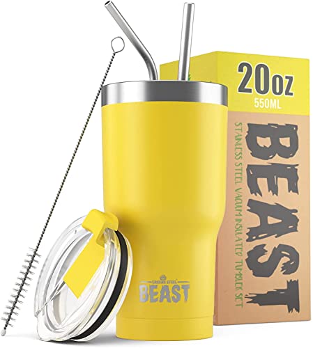 Beast Thermobecher 550 ml - Zitrone I Mehrweg Thermo Kaffeebecher To Go mit 2 Strohhalmen & Reinigungsbürste I Doppelwandiger Trinkbecher aus Edelstahl I Perfekt für Kaffee oder Eiskaffee von Greens Steel