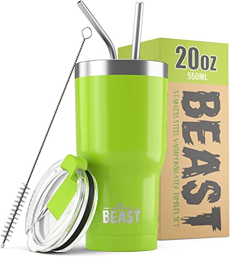 Beast Thermobecher 550 ml - Zitronengrasgrün I Mehrweg Thermo Kaffeebecher To Go mit 2 Strohhalmen & Reinigungsbürste I Doppelwandiger Trinkbecher aus Edelstahl I Perfekt für Kaffee oder Eiskaffee von Greens Steel