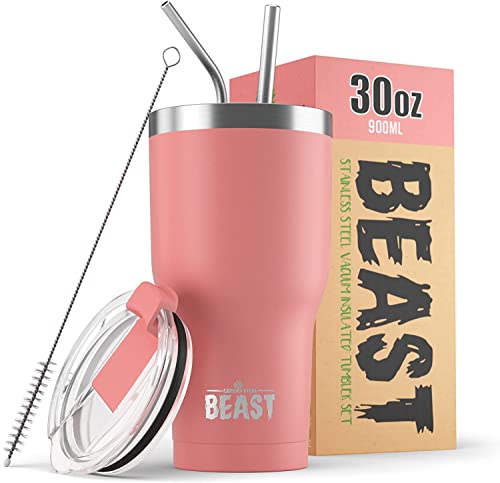 Beast Thermobecher 900 ml - Blüte I Mehrweg Thermo Kaffeebecher To Go mit 2 Strohhalmen & Reinigungsbürste I Doppelwandiger Trinkbecher aus Edelstahl I Perfekt für Kaffee oder Eiskaffee I BPA-frei von Greens Steel