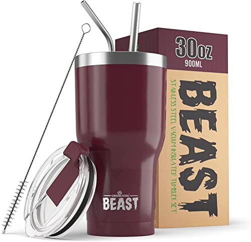 Beast Thermobecher 900 ml - Cranberry I Mehrweg Thermo Kaffeebecher To Go mit 2 Strohhalmen & Reinigungsbürste I Doppelwandiger Trinkbecher aus Edelstahl I Perfekt für Kaffee oder Eiskaffee I BPA-frei von Greens Steel