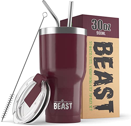 Beast Thermobecher 900 ml (30 oz) - Cranberry I Mehrweg Thermo Kaffeebecher To Go mit 2 Strohhalmen & Reinigungsbürste I Doppelwandiger Trinkbecher aus Edelstahl I Perfekt für Kaffee oder Eiskaffee von Greens Steel