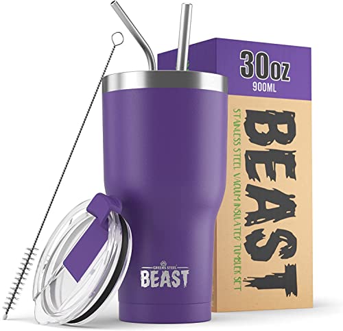 Beast Thermobecher 900 ml (30 oz) - Dunkellila I Mehrweg Thermo Kaffeebecher To Go mit 2 Strohhalmen & Reinigungsbürste I Doppelwandiger Trinkbecher aus Edelstahl I Perfekt für Kaffee oder Eiskaffee von Greens Steel