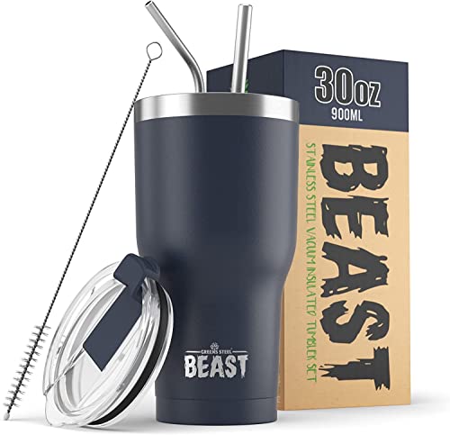 Beast Thermobecher 900 ml (30 oz) - Navy blau I Mehrweg Thermo Kaffeebecher To Go mit 2 Strohhalmen & Reinigungsbürste I Doppelwandiger Trinkbecher aus Edelstahl I Perfekt für Kaffee oder Eiskaffee von Greens Steel