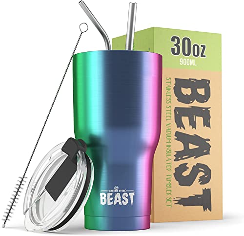 Beast Thermobecher 900 ml (30 oz) - Regenbogen I Mehrweg Thermo Kaffeebecher To Go mit 2 Strohhalmen & Reinigungsbürste I Doppelwandiger Trinkbecher aus Edelstahl I Perfekt für Kaffee oder Eiskaffee von Greens Steel