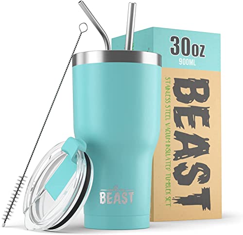 Beast Thermobecher 900 ml - Aquamarinblau I Mehrweg Thermo Kaffeebecher To Go mit 2 Strohhalmen & Reinigungsbürste I Doppelwandiger Trinkbecher aus Edelstahl I Perfekt für Kaffee oder Eiskaffee von Greens Steel