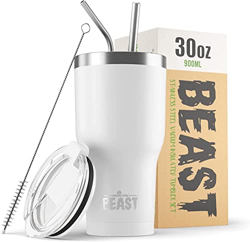 Beast Thermobecher 900 ml - Arktisches Weiß I Mehrweg Thermo Kaffeebecher To Go mit 2 Strohhalmen & Reinigungsbürste I Doppelwandiger Trinkbecher aus Edelstahl I Perfekt für Kaffee oder Eiskaffee Beast Thermobecher 900 ml - Arktisches Weiß I Mehrweg Thermo Kaffeebecher To Go mit 2 Strohhalmen & Reinigungsbürste I Doppelwandiger Trinkbecher aus Edelstahl I Perfekt für Kaffee oder Eiskaffee von Greens Steel