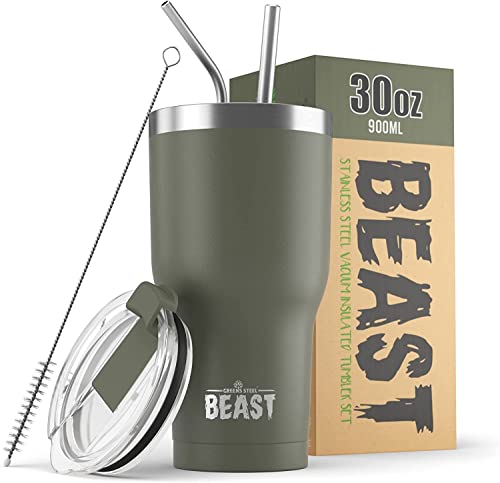 Beast Thermobecher 900 ml - Armeegrün I Mehrweg Thermo Kaffeebecher To Go mit 2 Strohhalmen & Reinigungsbürste I Doppelwandiger Trinkbecher aus Edelstahl I Perfekt für Kaffee oder Eiskaffee I BPA-frei von Greens Steel