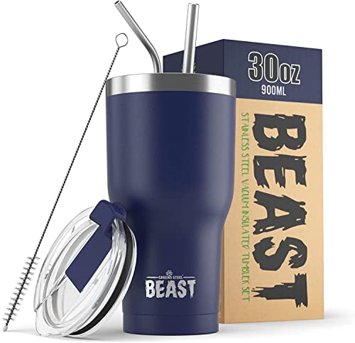 Beast Thermobecher 900 ml - Königsblau I Mehrweg Thermo Kaffeebecher To Go mit 2 Strohhalmen & Reinigungsbürste I Doppelwandiger Trinkbecher aus Edelstahl I Perfekt für Kaffee oder Eiskaffee von Greens Steel