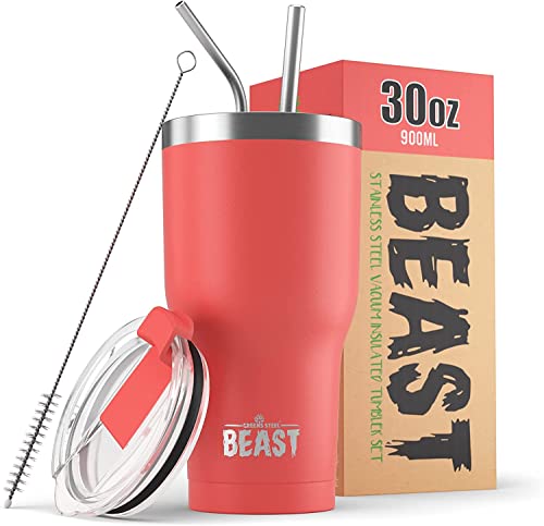 Beast Thermobecher 900 ml - Koralle I Mehrweg Thermo Kaffeebecher To Go mit 2 Strohhalmen & Reinigungsbürste I Doppelwandiger Trinkbecher aus Edelstahl I Perfekt für Kaffee oder Eiskaffee von Greens Steel