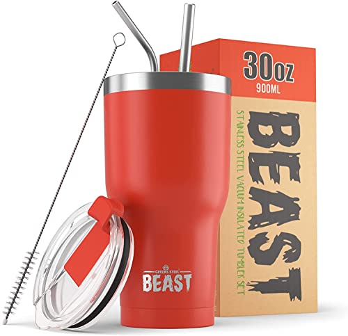 Beast Thermobecher 900 ml - Marienkäferrot I Mehrweg Thermo Kaffeebecher To Go mit 2 Strohhalmen & Reinigungsbürste I Doppelwandiger Trinkbecher aus Edelstahl I Perfekt für Kaffee oder Eiskaffee von Greens Steel