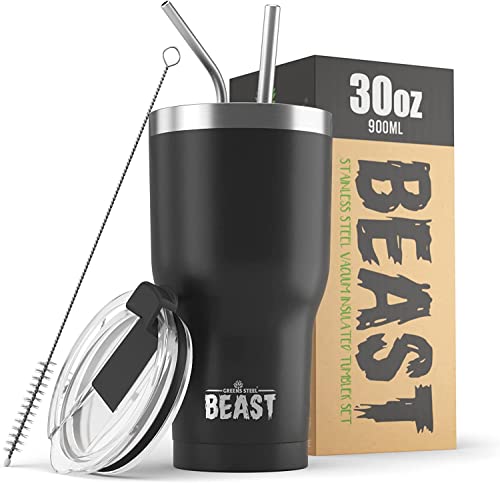 Beast Thermobecher 900 ml - Matt-schwarz I Mehrweg Thermo Kaffeebecher To Go mit 2 Strohhalmen & Reinigungsbürste I Doppelwandiger Trinkbecher aus Edelstahl I Perfekt für Kaffee oder Eiskaffee Beast Thermobecher 900 ml - Matt-schwarz I Mehrweg Thermo Kaffeebecher To Go mit 2 Strohhalmen & Reinigungsbürste I Doppelwandiger Trinkbecher aus Edelstahl I Perfekt für Kaffee oder Eiskaffee von Greens Steel