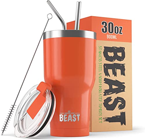 Beast Thermobecher 900 ml - Orange I Mehrweg Thermo Kaffeebecher To Go mit 2 Strohhalmen & Reinigungsbürste I Doppelwandiger Trinkbecher aus Edelstahl I Perfekt für Kaffee oder Eiskaffee von Greens Steel