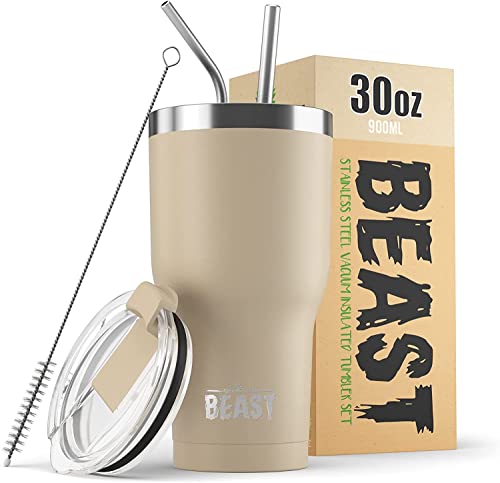 Beast Thermobecher 900 ml - Sand I Mehrweg Thermo Kaffeebecher To Go mit 2 Strohhalmen & Reinigungsbürste I Doppelwandiger Trinkbecher aus Edelstahl I Perfekt für Kaffee oder Eiskaffee von Greens Steel