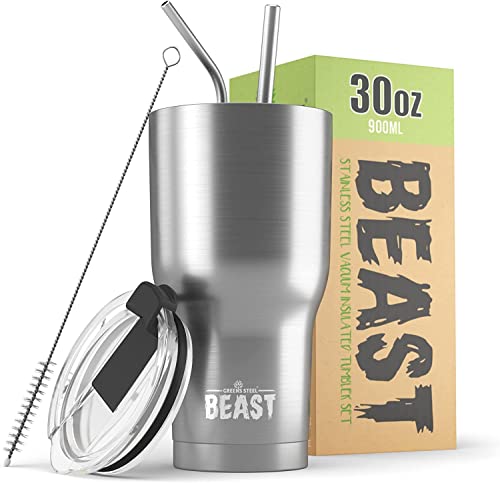 Beast Thermobecher 900 ml - Silber I Mehrweg Thermo Kaffeebecher To Go mit 2 Strohhalmen & Reinigungsbürste I Doppelwandiger Trinkbecher aus Edelstahl I Perfekt für Kaffee oder Eiskaffee von Greens Steel