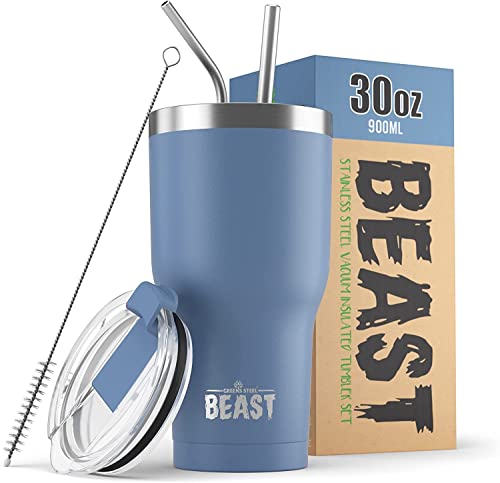 Beast Thermobecher 900 ml - Stürmischer Himmel I Mehrweg Thermo Kaffeebecher To Go mit 2 Strohhalmen & Reinigungsbürste I Doppelwandiger Trinkbecher aus Edelstahl I Perfekt für Kaffee oder Eiskaffee von Greens Steel