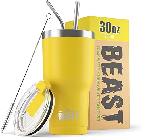 Beast Thermobecher 900 ml - Zitrone I Mehrweg Thermo Kaffeebecher To Go mit 2 Strohhalmen & Reinigungsbürste I Doppelwandiger Trinkbecher aus Edelstahl I Perfekt für Kaffee oder Eiskaffee I BPA-frei Beast Thermobecher 900 ml - Zitrone I Mehrweg Thermo Kaffeebecher To Go mit 2 Strohhalmen & Reinigungsbürste I Doppelwandiger Trinkbecher aus Edelstahl I Perfekt für Kaffee oder Eiskaffee I BPA-frei von Greens Steel