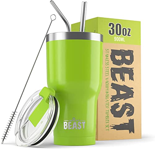 Beast Thermobecher 900 ml - Zitronengrasgrün I Mehrweg Thermo Kaffeebecher To Go mit 2 Strohhalmen & Reinigungsbürste I Doppelwandiger Trinkbecher aus Edelstahl I Perfekt für Kaffee oder Eiskaffee von Greens Steel