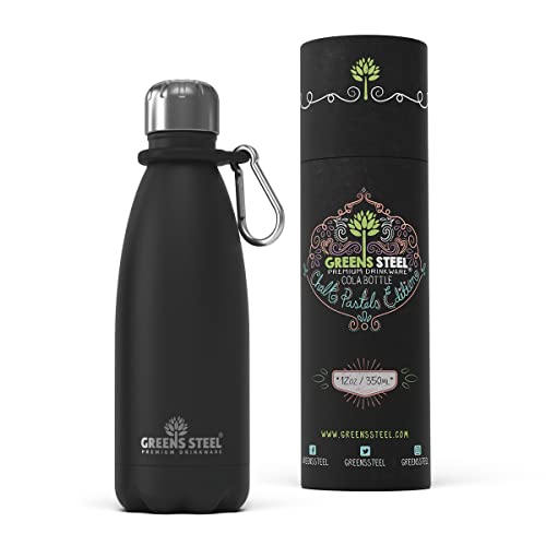 Greens Steel Edelstahl Trinkflasche - 350 ml, Schwarz I Doppelwandige vakuumisolierte Wasserflasche I Mit Karabiner & Geschenkbox I Wiederverwendbar & auslaufsicher für Erwachsene & Kinder, BPA frei von Greens Steel