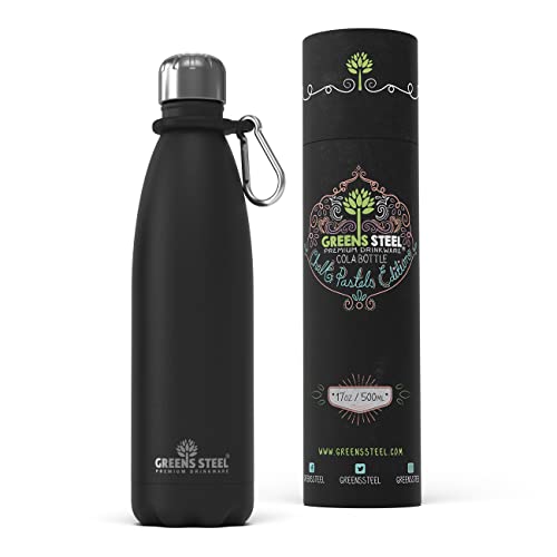 Greens Steel Edelstahl Trinkflasche - 500 ml, Schwarz I Doppelwandige vakuumisolierte Wasserflasche I Mit Karabiner & Geschenkbox I Wiederverwendbar & auslaufsicher für Erwachsene & Kinder, BPA frei Greens Steel Edelstahl Trinkflasche - 500 ml, Schwarz I Doppelwandige vakuumisolierte Wasserflasche I Mit Karabiner & Geschenkbox I Wiederverwendbar & auslaufsicher für Erwachsene & Kinder, BPA frei von Greens Steel