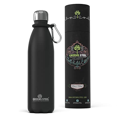 Greens Steel Edelstahl Trinkflasche - 750 ml, Schwarz I Doppelwandige vakuumisolierte Wasserflasche I Mit Karabiner & Geschenkbox I Wiederverwendbar & auslaufsicher für Erwachsene & Kinder, BPA frei Greens Steel Edelstahl Trinkflasche - 750 ml, Schwarz I Doppelwandige vakuumisolierte Wasserflasche I Mit Karabiner & Geschenkbox I Wiederverwendbar & auslaufsicher für Erwachsene & Kinder, BPA frei von Greens Steel