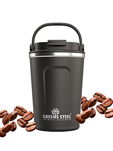 Greens Steel Wiederverwendbarer Kaffeebecher To Go - 350 ml, Schwarz I Trinkbecher mit Deckel & Griff I Edelstahl Thermobecher für Heiß- & Kaltgetränke I Auslaufsicherer Mug für Tee, Kaffee I BPA-Frei Greens Steel Wiederverwendbarer Kaffeebecher To Go - 350 ml, Schwarz I Trinkbecher mit Deckel & Griff I Edelstahl Thermobecher für Heiß- & Kaltgetränke I Auslaufsicherer Mug für Tee, Kaffee I BPA-Frei von Greens Steel