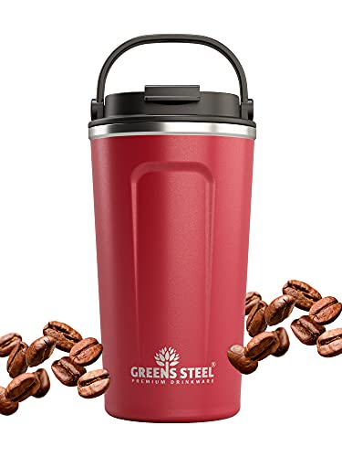 Greens Steel Wiederverwendbarer Kaffeebecher To Go - 480 ml, Rot I Trinkbecher mit Deckel & Griff I Edelstahl Thermobecher für Heiß- & Kaltgetränke I Auslaufsicherer Mug für Tee, Kaffee I BPA-Frei von Greens Steel