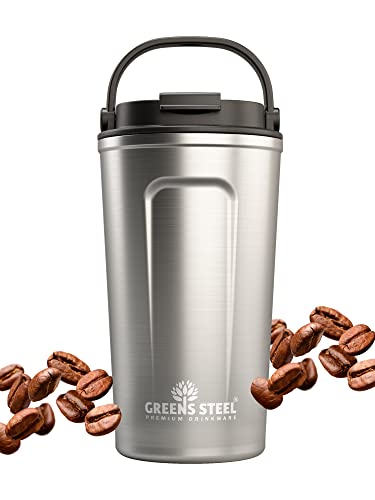 Greens Steel Wiederverwendbarer Kaffeebecher To Go - 480 ml, Silber I Trinkbecher mit Deckel & Griff I Edelstahl Thermobecher für Heiß- & Kaltgetränke I Auslaufsicherer Mug für Tee, Kaffee I BPA-Frei Greens Steel Wiederverwendbarer Kaffeebecher To Go - 480 ml, Silber I Trinkbecher mit Deckel & Griff I Edelstahl Thermobecher für Heiß- & Kaltgetränke I Auslaufsicherer Mug für Tee, Kaffee I BPA-Frei von Greens Steel
