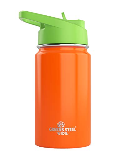 Kinder Thermosflasche 350ml - Orange I Auslaufsicher mit Strohhalm & Griff I 12 kalt I Isoliert, doppelwandiger Edelstahl I Einfache Flasche für Kleinkinder I Kinder Trinkflasche I Umweltfreundlich von Greens Steel