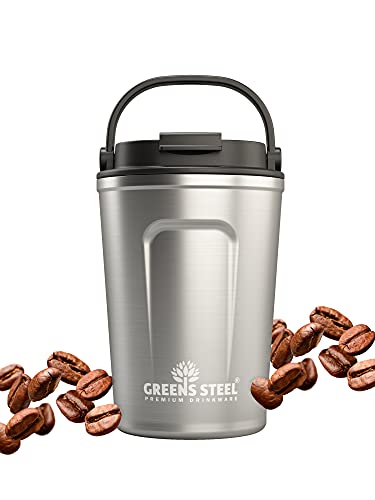 Greens Steel Wiederverwendbarer Kaffeebecher To Go - 350 ml, Silber I Trinkbecher mit Deckel & Griff I Edelstahl Thermobecher für Heiß- & Kaltgetränke I Auslaufsicherer Mug für Tee, Kaffee I BPA-Frei Greens Steel Wiederverwendbarer Kaffeebecher To Go - 350 ml, Silber I Trinkbecher mit Deckel & Griff I Edelstahl Thermobecher für Heiß- & Kaltgetränke I Auslaufsicherer Mug für Tee, Kaffee I BPA-Frei von Greens Steel
