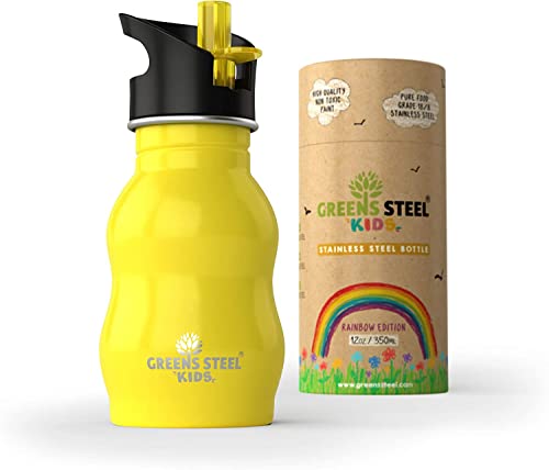 Trinkflasche Edelstahl Kinder - 350ml, Gelb I Auslaufsicherer Deckel mit Strohhalm & Griff für Kinder I Kindgerechter Trinkbecher I Umweltfreundliche Edelstahl Trinkflasche I Ideal für die Lunchbox Trinkflasche Edelstahl Kinder - 350ml, Gelb I Auslaufsicherer Deckel mit Strohhalm & Griff für Kinder I Kindgerechter Trinkbecher I Umweltfreundliche Edelstahl Trinkflasche I Ideal für die Lunchbox von Greens Steel