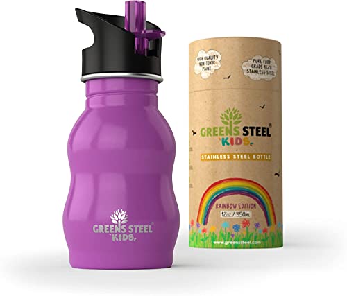 Trinkflasche Edelstahl Kinder - 350ml, Violett I Auslaufsicherer Deckel mit Strohhalm & Griff für Kinder I Kindgerechter Trinkbecher I Umweltfreundliche Edelstahl Trinkflasche I Ideal für die Lunchbox Trinkflasche Edelstahl Kinder - 350ml, Violett I Auslaufsicherer Deckel mit Strohhalm & Griff für Kinder I Kindgerechter Trinkbecher I Umweltfreundliche Edelstahl Trinkflasche I Ideal für die Lunchbox von Greens Steel