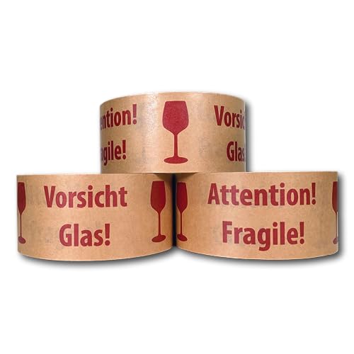 Papierklebeband Achtung Glas - 50mm breit - 50m Klebeband Papier - Geräuscharm, stark haftend und reißfest- Nachhaltiges Paketklebeband (1) von Greenscaping