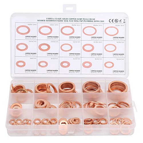 150 Stück Flachdichtungsring Red Copper Dichtung O-Ring-Set Unterlegscheibe, 15 Slot-Design Box, Kunststoffbox für einfache Aufbewahrung von Greensen