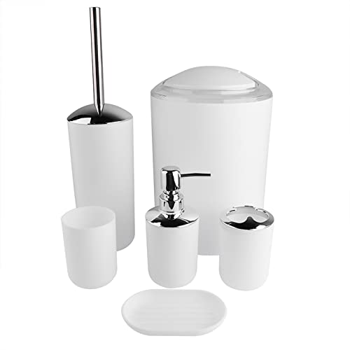 Badezimmerzubehör-Set, 6-teilig, Badezimmerzubehör aus Kunststoff mit Seifenschale und -Spender, Becher, Toilettenbürste und Mülleimer (White) von Greensen