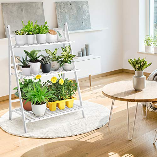 Blumentopfständer aus Holz 3 Etagen Pflanzenständer Hängeregal Blumenregal Blumentreppe klappbar 3-lagig Blumentöpfe Bambus Pflanzleiter für Innen Außen Garten Balkon 70 x 40 x 96 cm weiß von Greensen