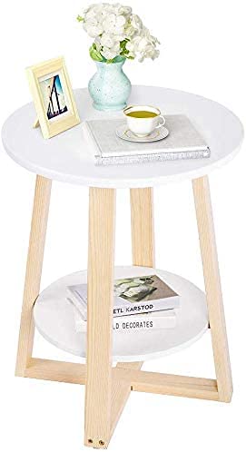 Greensen Beistelltisch Holz, Wohnzimmer Rund Buche 2 stufiger Kleiner Nachttisch mit Stauraum moderner Couchtisch aus Massivholz Sofatisch für Schlafzimmer, 40 × 40 × 50,5 cm, Weiß von Greensen