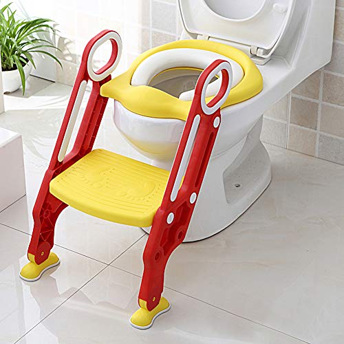 Greensen Toilettensitz Kinder mit Treppe Toilettenaufsatz Toilettentrainer Kinder Toilettensitz Faltbar Töpfchen Verstellbarer Trainingssitz mit PU Kissen und Griffen Töpfchen für Kinder von Greensen