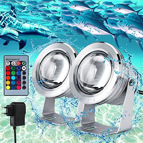 Unterwasserlicht LED Brunnenbeleuchtung 2 Stück Fernbedienung RGB Unterwasser Spot-Licht mit Edelstahlgehäuse Teichlicht Landschaftsdekoration Licht für Garten, Aquarium (EU) von Greensen
