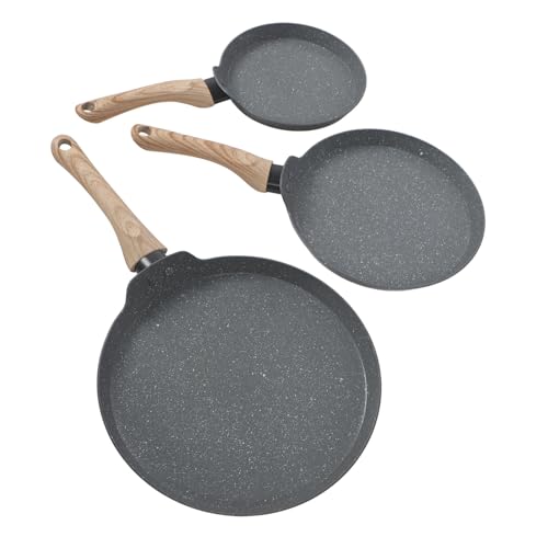 Maifan Stein Bratpfanne Set Grau 3 Größen Multifunktional Antihaftpfanne, Pfannkuchenpfanne mit Holzgriff, ausgezeichnet für Kuchenböden und Braten von Greensen