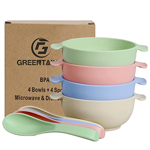 Greentainer 4er Kinderschüssel mit Löffel, Kindergeschirr Set aus PP, 420ml Schüssel für Kinder & Kids.Gesund Baby-Kinderschalen, Bruchfest UND Sicher, Abgerundete Kanten & Ergonomisches Design, Bunt von Greentainer